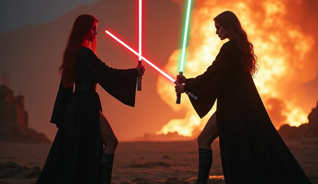 (full body shot:1) photorealistic image of two (standing pose:1) women, ultrarealistic, photography, one with long red hair, woman, 24 years old, hourglass figure, perfect body, seductive look, natural medium breasts, blur background, in complete darkness, she is wearing a sith robe, she is holding a red lightsaber, the lightsaber is the only lightsource, on a dark destroyed spacestation, explosion in the background, long sexy legs, lightsaber battle against a blonde, 30 years old, curvy figure, she is wearing a jedi robe, green lightsaber, side view, crossing lightsabersin a battle, clashing lightsabers, sparks are flying, dynamic shot, action shot