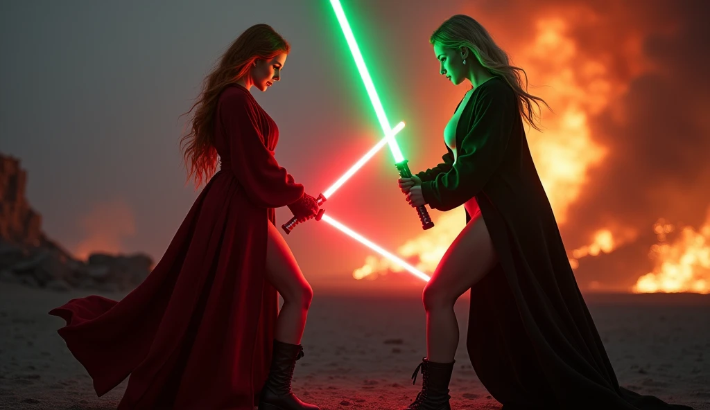 (full body shot:1) photorealistic image of two (standing pose:1) women, ultrarealistic, photography, one with long red hair, woman, 24 years old, hourglass figure, perfect body, seductive look, natural medium breasts, blur background, in complete darkness, she is wearing a sith robe, she is holding a red lightsaber, the lightsaber is the only lightsource, on a dark destroyed spacestation, explosion in the background, long sexy legs, lightsaber battle against a blonde, 30 years old, curvy figure, she is wearing a jedi robe, green lightsaber, side view, crossing lightsabersin a battle, clashing lightsabers, sparks are flying, dynamic shot, action shot