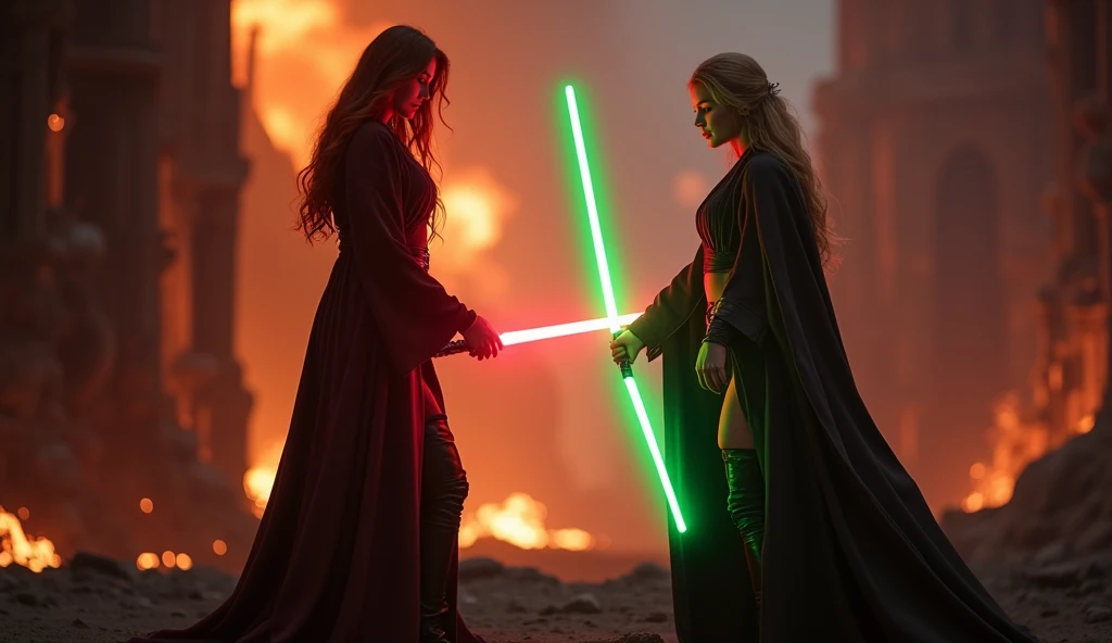 (full body shot:1) photorealistic image of two (standing pose:1) women, ultrarealistic, photography, one with long red hair, woman, 24 years old, hourglass figure, perfect body, seductive look, natural medium breasts, blur background, in complete darkness, she is wearing a sith robe, she is holding a red lightsaber, the lightsaber is the only lightsource, on a dark destroyed spacestation, explosion in the background, long sexy legs, lightsaber battle against a blonde, 30 years old, curvy figure, she is wearing a jedi robe, green lightsaber, side view, crossing lightsabersin a battle, clashing lightsabers, sparks are flying, dynamic shot, action shot