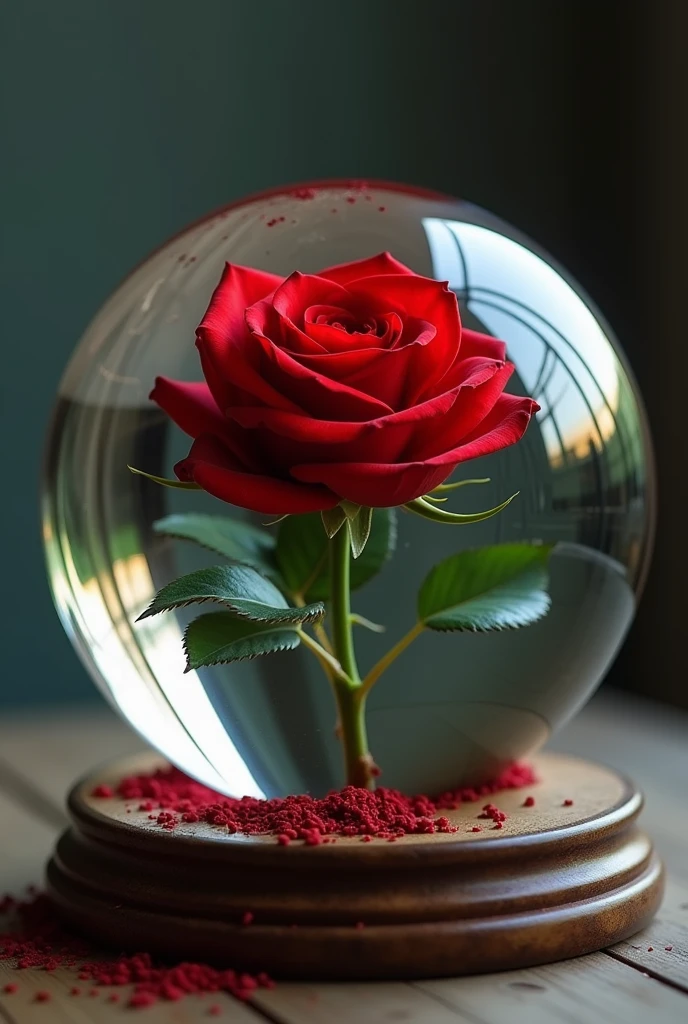 a very realistic red rose inside a glass ball. well defined image in 4k