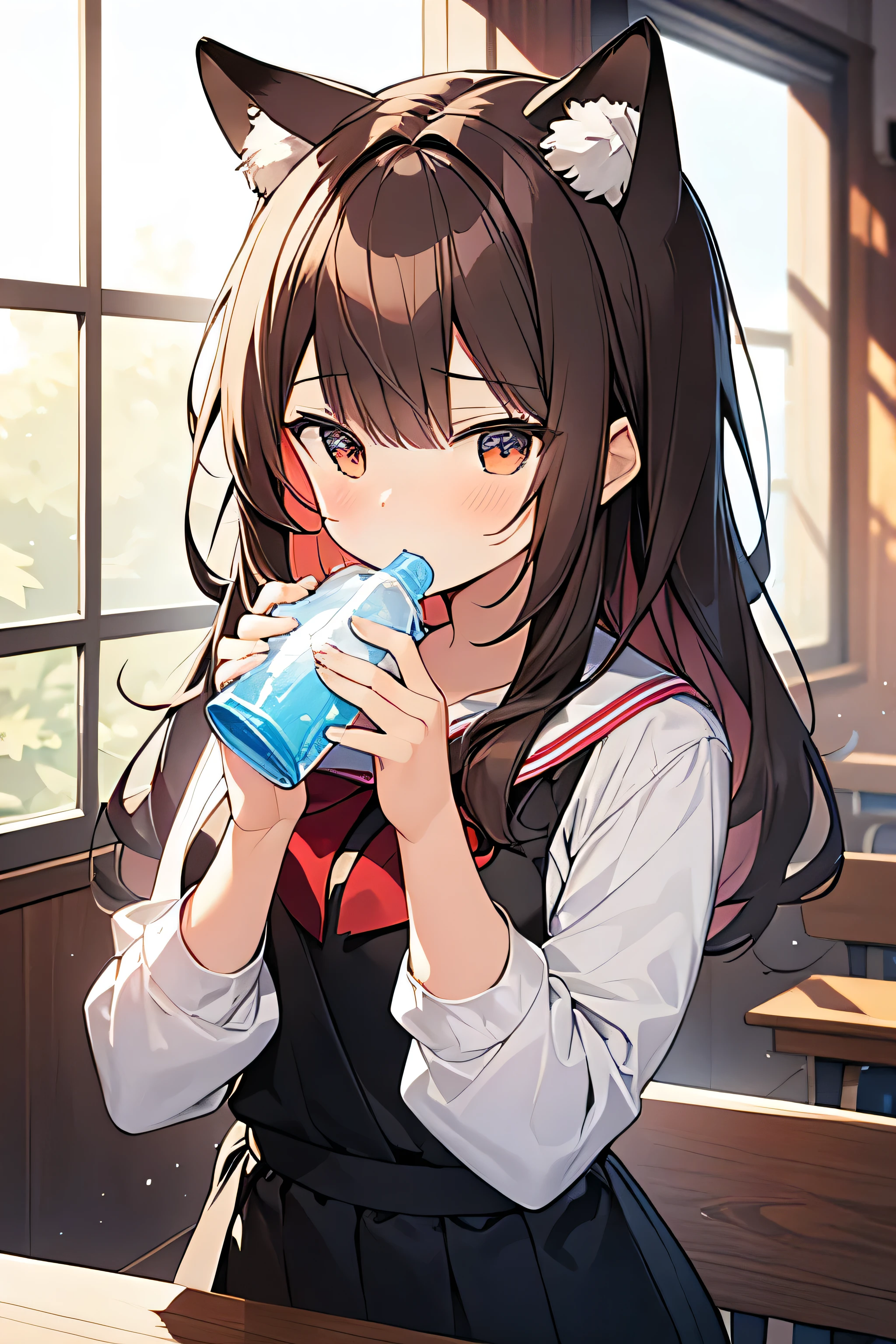 masterpiece,best quality,super detailed,super fine illustration,8k,anime style,Light brown hair,Tiger brown cat ears,uniform,Red Hood,Girl,18yo,BREAK cute cute cute,tired tired tired,OPA OPAL OPAL,kawaii kawaii kawaii,pastel color,Watercolor style, perfect lighting ,perfect hands,cute face,BREAK she is drinking a water.BREAK in classroom,detailed background,beautiful background,