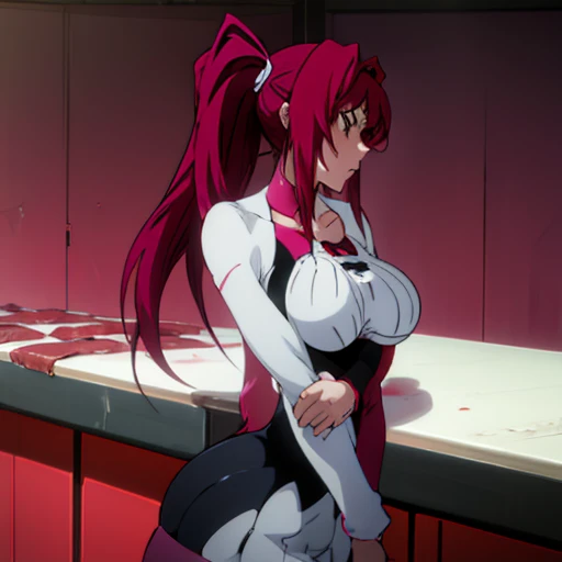 anime girl with red hair and white hat standing in the room, Rule 34, Ikki Tousen, meat anime style, tits, humanoid pink female squid girl, only, Ahegao, Udonai-Inaba travel, meat, best rating on pixiv, Yuri Misaki, revy black lagoon, ponytail, big black guy fucks girl , Black, Correct anatomy, Double check your anatomy, girl in a dress