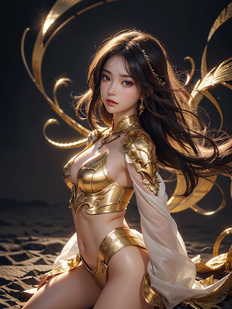 best quality, 8k, very delicate and beautiful, highly detailed face and skin texture, shiny skin, high resolution, beautiful girl in beautiful shining gold armor, full body, sharp focus