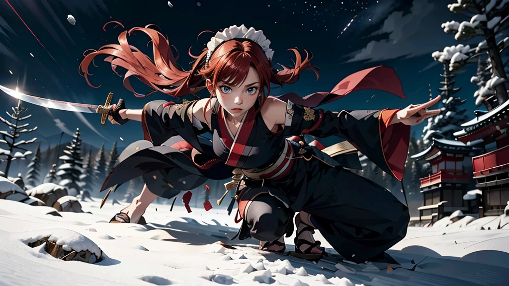 Anime style illustration of a woman holding a sword in a winter landscape, Works inspired by Kano Hogai, 彼女は短knifeを持っている, knife zero video game character, 彼女は日本knifeを持っています, unsheathing her knife, maid, knife, Amazing anime 8k, inspired by Kanō Sanraku,
