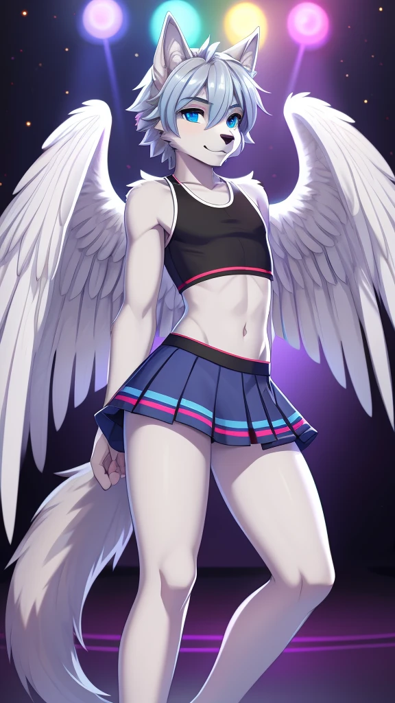 femboy, wolf boy, male, flat chested, grey fur, white feathered wings, blue eyes, crop top, micro skirt, rave setting,