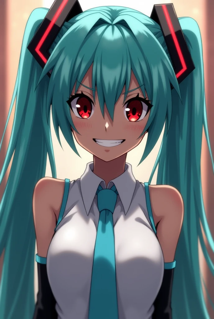 Masterpiece, Hatsune Miku, white shirt, blue tie, bare shoulders, separated sleeves, evil smiley face, dark skin, red eyes, black eyes, pupil orange,