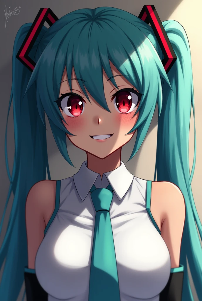 Masterpiece, Hatsune Miku, white shirt, blue tie, bare shoulders, separated sleeves, evil smiley face, dark skin, red eyes, black eyes, pupil orange,