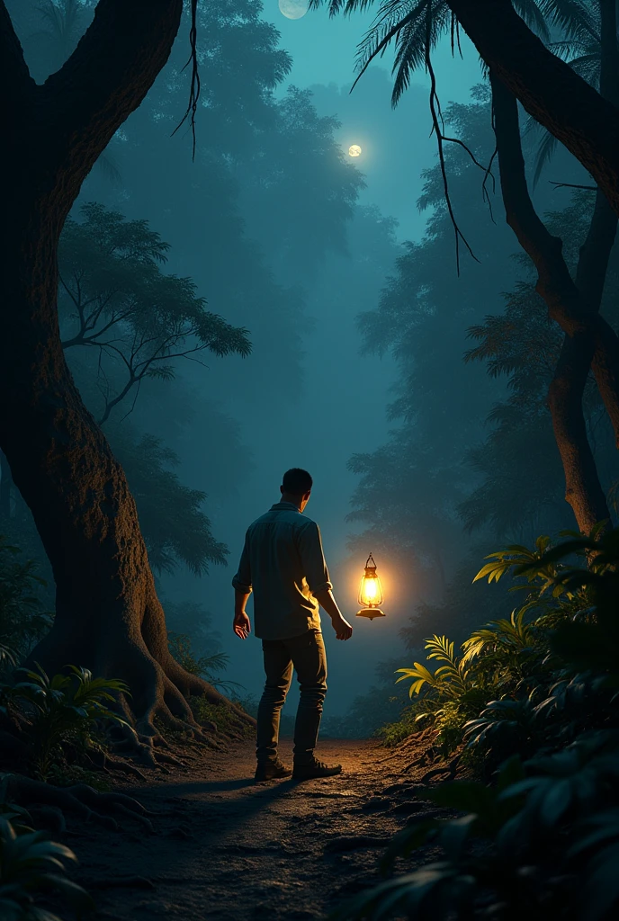A single man in darkest big jungle with lamp in hand , fearing, shocking ,night, big satelite view by air