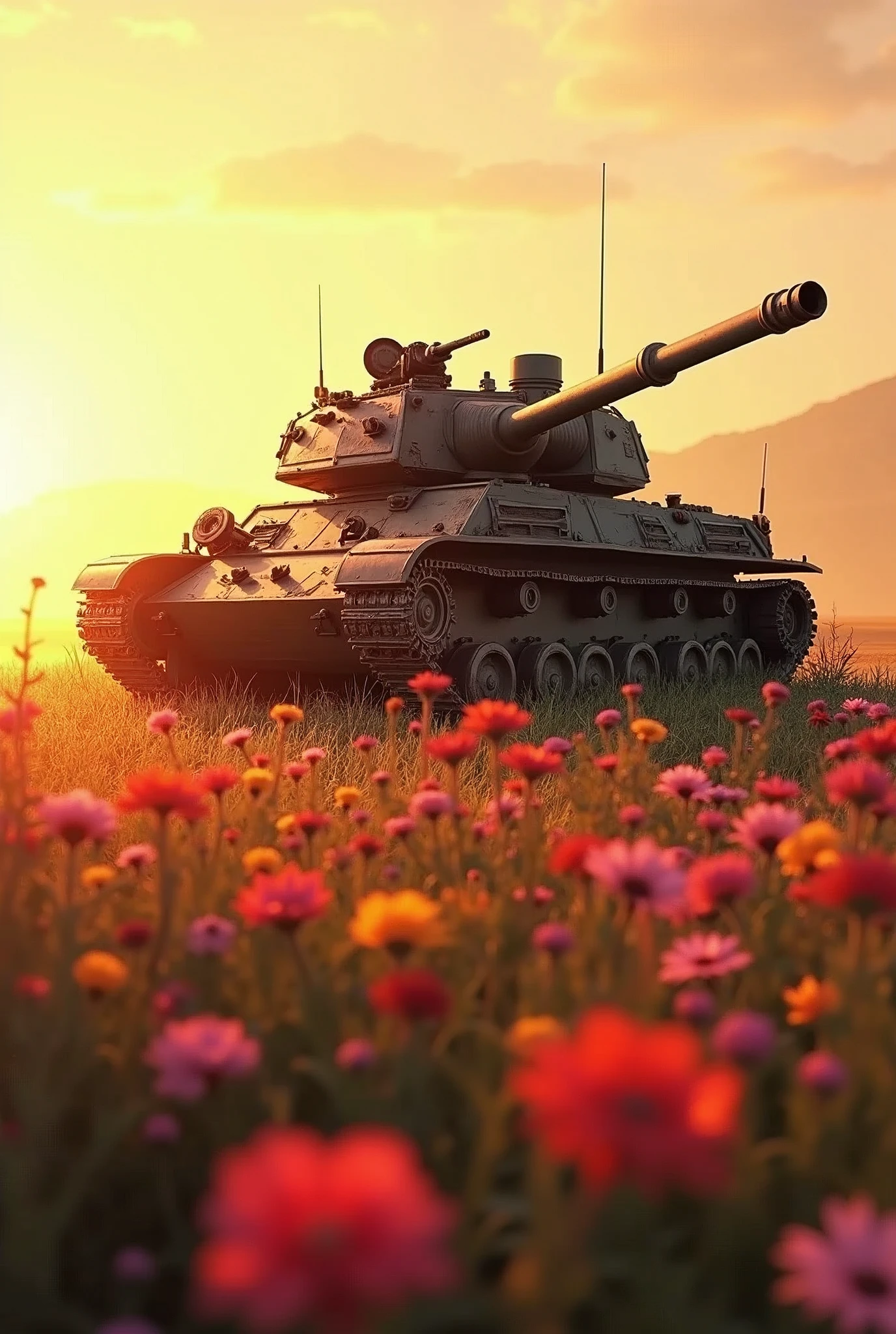 Create a breathtaking, ultra-high-definition artistic image that captures the striking contrast between an armored tank and a peaceful flower field, bathed in the warm glow of golden hour sunlight. | Visualize a powerful, realistically detailed armored tank positioned in the middle of a vibrant flower field. The tank’s rugged, imposing structure is juxtaposed against the delicate, colorful flowers surrounding it, creating a visually compelling scene. | The golden hour sunlight casts a warm, soft glow over the landscape, with rays of light filtering through the atmosphere, creating a beautiful Tyndall effect that enhances the serene yet dramatic mood of the image. | The overall composition should emphasize the contrast between the harshness of the tank and the natural beauty of the flower field. | The lighting should be precise, highlighting the textures of the tank’s armor and the softness of the flowers, while the warm tones of the golden hour add depth and richness to the scene. The Tyndall effect should be subtly integrated, with sun rays cutting through the air and adding a magical, almost surreal quality to the image. | The image should evoke a sense of peaceful tension, blending the power of the armored tank with the tranquil beauty of nature, creating a visually stunning and thought-provoking piece.

