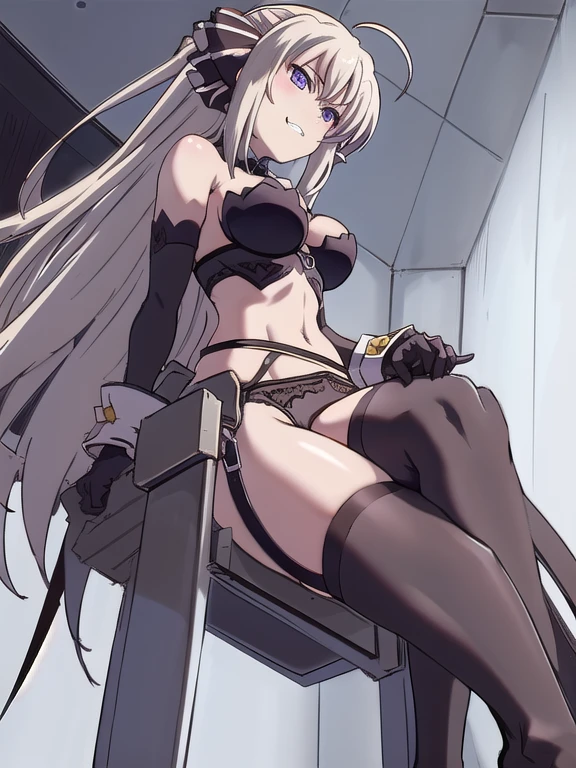 prison, concrete wall, concrete floor, ((bare shoulders)), ((black bustier)), ((black stockings)), ((black g-string)), ((black high heels)), ((black garter belt)), ((black elbow gloves)), ((chair)), ((female sitting in a chair)), ((evil grin)), (((((from below:1.4))))), ((looking at viewer)), ass pov, ((((looking down:1.4)))), ((stare at viewer with stern eyes)),
One girl,  Long Hair, Purple eyes,  chest, Ahoge,   very Long Hair,   large breasts, ribbon,  hair ribbon, ponytail,  bangs,
