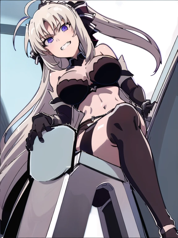 prison, concrete wall, concrete floor, ((bare shoulders)), ((black bustier)), ((black stockings)), ((black g-string)), ((black high heels)), ((black garter belt)), ((black elbow gloves)), ((chair)), ((female sitting in a chair)), ((evil grin)), (((((from below:1.4))))), ((looking at viewer)), ass pov, ((((looking down:1.4)))), ((stare at viewer with stern eyes)),
One girl, Long Hair, Purple eyes, chest, Ahoge, very Long Hair, large breasts, ribbon, hair ribbon, ponytail, bangs,