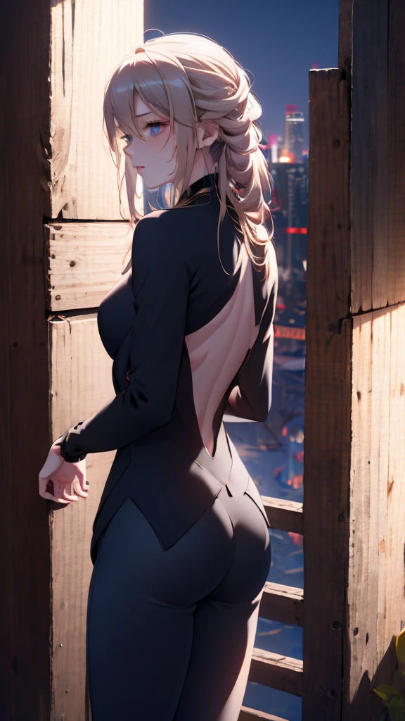 1 girl, medium light gold hair, light blue eyes, wearing black suit, night city , absurdres, high res, ultrasharp, 8K, masterpiece, looking from behind
