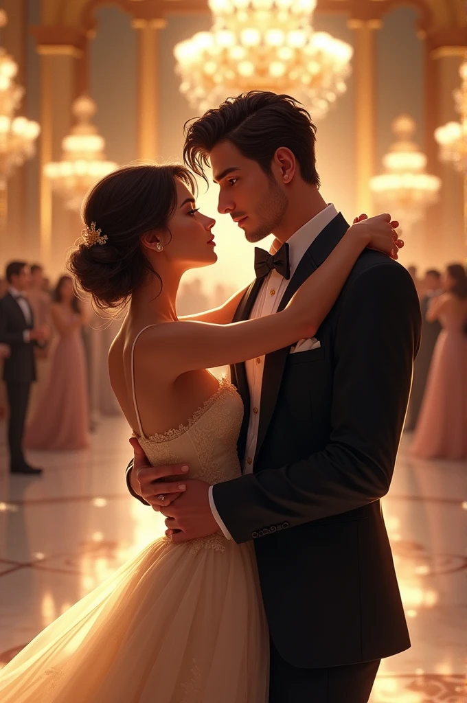 POV of a girl being in the arms of her man dancing in a ball, the man is really handsome, looking directly into her eyes, his beautiful blue eyes, dark hair, beautiful facial features.