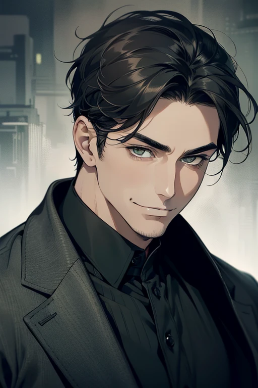 masterpiece, best quality, realistic, 1man, mature male, quiet and charming mature man, 34 years old, smirk and look on the side, closed mouth, portrait, extremely detailed face, smirk, (dark green eyes), (short-side-swept gray black hair)), [thick eyebrows], (detective clothing)