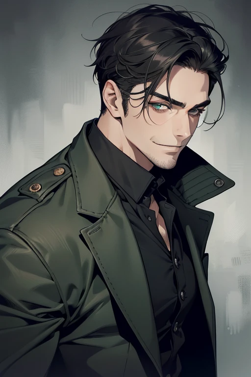 masterpiece, best quality, realistic, 1man, mature male, quiet and charming mature man, 34 years old, smirk and look on the side, closed mouth, portrait, extremely detailed face, smirk, (dark green eyes), (short-side-swept gray black hair)), [thick eyebrows], (detective clothing)