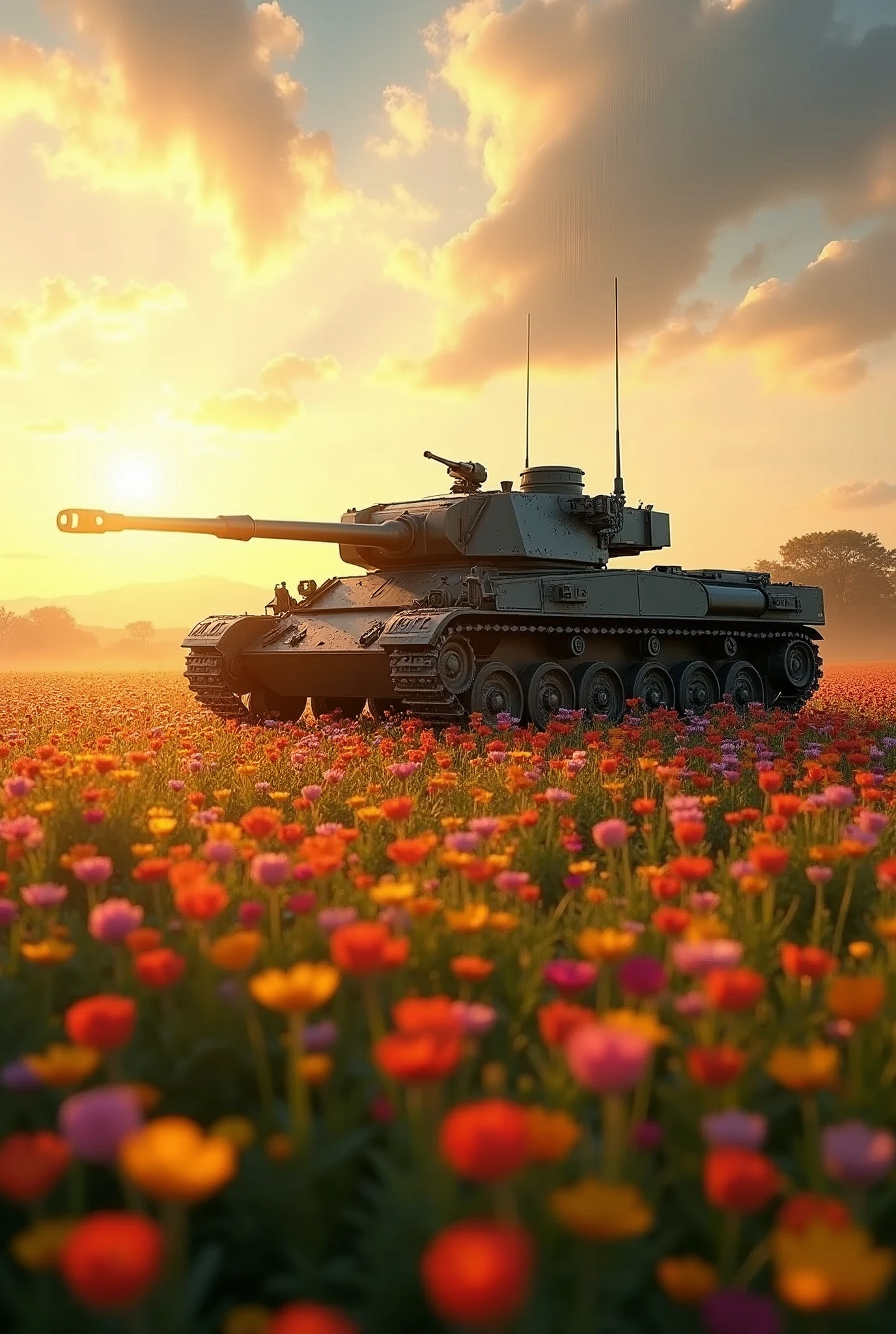 Create a breathtaking, ultra-high-definition artistic image that captures the striking contrast between an armored tank and a peaceful flower field, bathed in the warm glow of golden hour sunlight. | Visualize a powerful, realistically detailed armored tank positioned in the middle of a vibrant flower field. The tank’s rugged, imposing structure is juxtaposed against the delicate, colorful flowers surrounding it, creating a visually compelling scene. | The golden hour sunlight casts a warm, soft glow over the landscape, with rays of light filtering through the atmosphere, creating a beautiful Tyndall effect that enhances the serene yet dramatic mood of the image. | The overall composition should emphasize the contrast between the harshness of the tank and the natural beauty of the flower field. | The lighting should be precise, highlighting the textures of the tank’s armor and the softness of the flowers, while the warm tones of the golden hour add depth and richness to the scene. The Tyndall effect should be subtly integrated, with sun rays cutting through the air and adding a magical, almost surreal quality to the image. | The image should evoke a sense of peaceful tension, blending the power of the armored tank with the tranquil beauty of nature, creating a visually stunning and thought-provoking piece.
