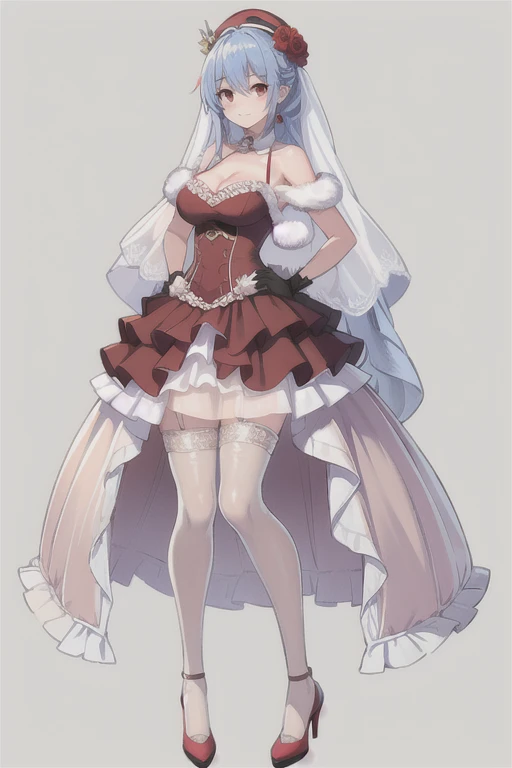 prinz eugen \(warship girls r\),((masterpiece)),(((best quality))),((ultra-detailed)),((illustration)),((disheveled hair)),((frills)),(1 girl),(solo),1girl, bangs, bare shoulders, black footwear, braid, breasts, choker, cleavage, dress, earrings, eyebrows visible through hair, flower, full body, fur trim, gloves, gradient, hair between eyes, hand on hip, hat, hat flower, high heels, jewelry, knife, large breasts, layered dress, looking at viewer, medium breasts, pantyhose, pink rose, purple rose, (red lace dress:1.4), red flower, red rose, rose, rose petals, smile, solo, standing, two-sided fabric, white headwear, white rose, Standing, Ball gown dress, stockings, (brown stockings:1.4), (translucent stockings:1.2), (translucent gloves:1.2), wedding dress, Lace long wedding dress, (translucent Wedding Dress:1.2), Red eyes with highlights, Blue short hair(delicate eyes),ponytail, hair tying, Double tail,