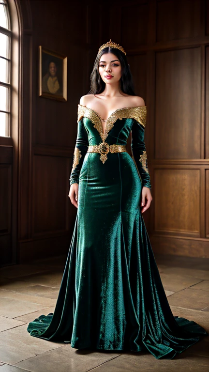 Here's a prompt describing Morgan le Fay's beauty with a focus on her face and body, set in the medieval Arthurian era:
"Depict Morgan le Fay, the legendary enchantress, with striking beauty and elegance, reflecting the grace of the medieval Arthurian era. Her face is captivating, with sharp, ethereal features, almond-shaped emerald eyes that hold a mesmerizing, mysterious gaze, and high cheekbones that add to her regal appearance. Her skin is pale and flawless, glowing with an otherworldly light. Her long, flowing raven-black hair cascades in waves, framing her face like a dark halo.
She is adorned in a rich, emerald-green velvet gown that accentuates her hourglass figure, the fabric shimmering subtly in the light. The gown is intricately embroidered with gold thread, depicting ancient symbols of power and magic. Her waist is cinched by a delicate, jeweled belt, emphasizing her slender frame, while the gown's flowing sleeves and full skirt lend her an air of both grace and authority. A delicate, ornate crown rests on her head, further enhancing her regal presence. Her entire demeanor is one of both beauty and power, a perfect blend of enchantment and allure, fitting for the most famous sorceress of Arthurian legend."
