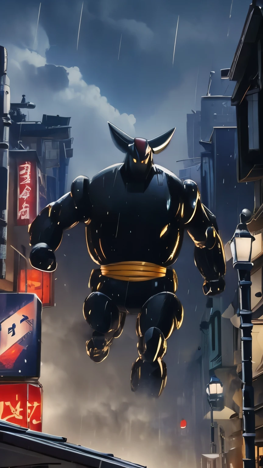 Black Ox、Well-proportioned body type、scenery、rain、Tokyo、Buildings、Punching a building、Dynamic pose、The fleeing crowd。