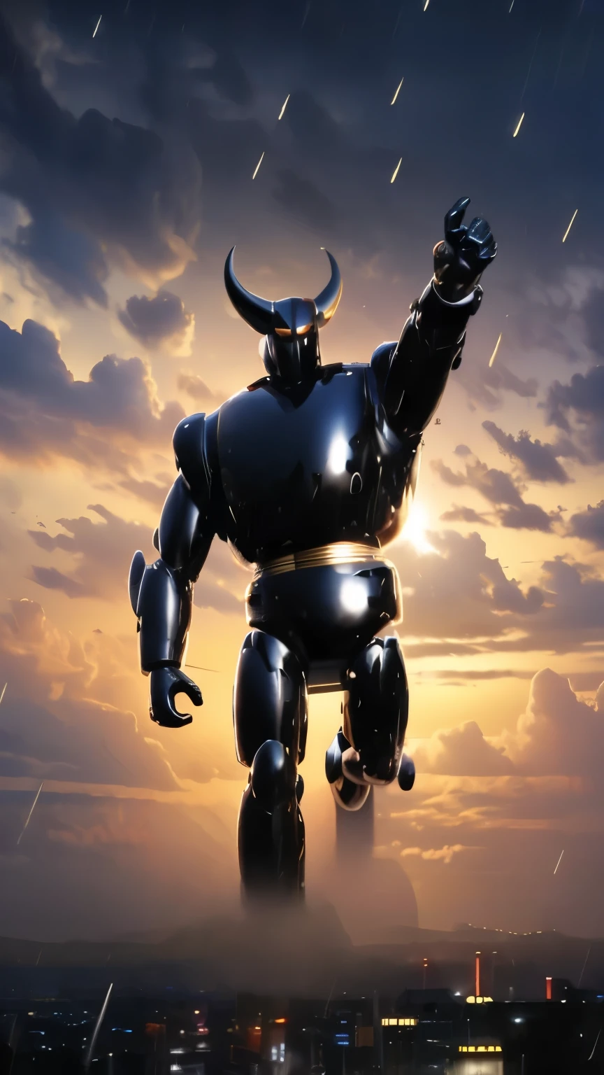 Black Ox、Well-proportioned body type、scenery、rain、Tokyo in the near future、dynamic pose、from below