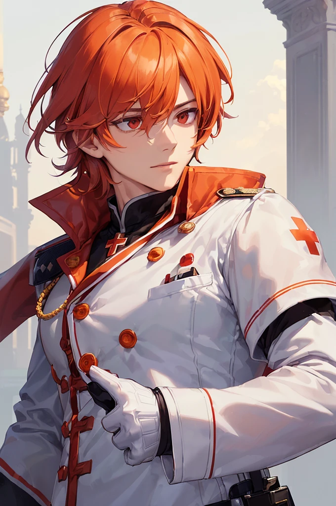 (((masterpiece; best quality: 1.2))), (finely detailed eyes: 1.3), ((ung man)), ((solo)), (red eyes: 1.4), (body shape; lean, masculine, manly: 1.3), (very short orange hair: 1.3), (beautiful and clear background: 1.2), ((depth of field)), (equipment: high-fantasy medic garb + white long-sleeve overcoat + patch with red cross + black high-neck shirt + gloves: 1.3), (anime illustration: 1.2), (background composition; palace gardens + day: 1.1), (extremely handsome: 1.1), (shot composition; standing + centered on face + bust close-up: 1.5), (facial expression; calm, stoic: 1.2)