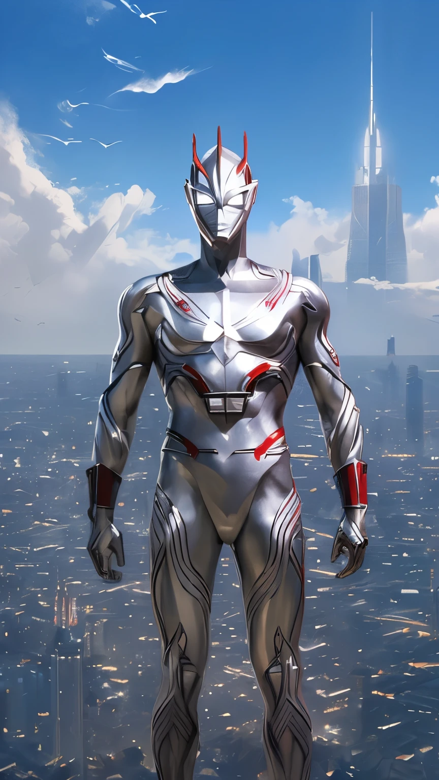 (masterpiece、Superb quality、Ultra delicate、High resolution)、Male Focus、(((New Ultraman)))、((No muscle)))、(Narrow head、Body silver、Streamlined arms、Looks tall and thin、The overall shape is streamlined and modern.)、(fisting)、Photo pose、High angle、Dark Night、Tokyo Skyscrapers、Background Details、(((whole body)))、From above、(((sense of greatness)))