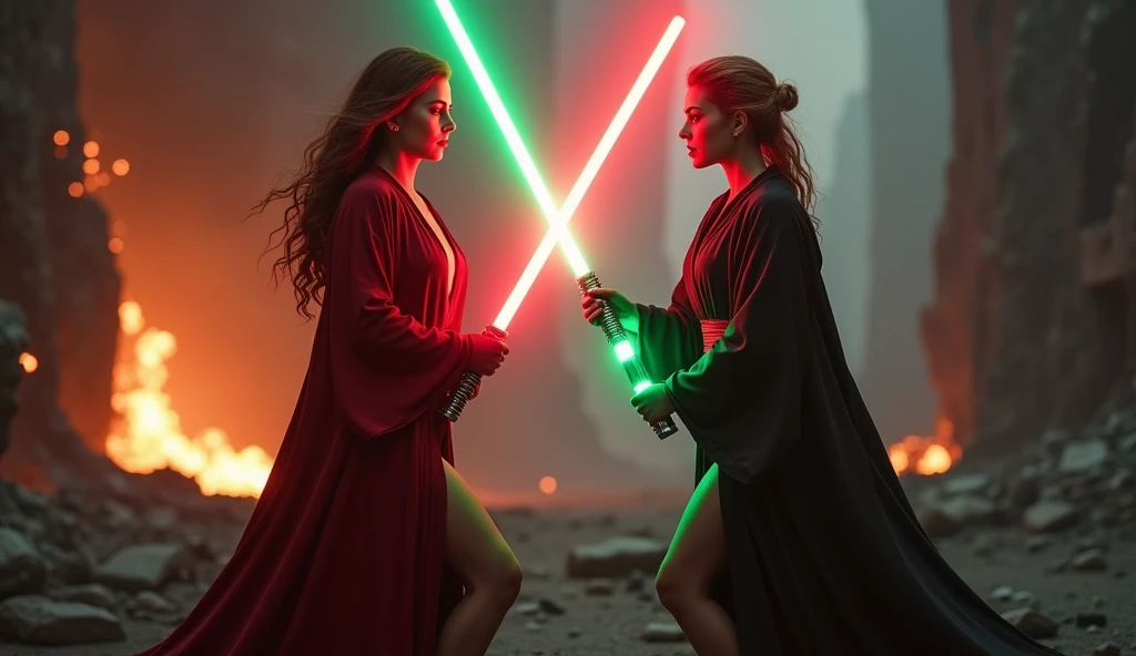 (full body shot:1) photorealistic image of two (standing pose:1) women, ultrarealistic, photography, one with long red hair, woman, 24 years old, hourglass figure, perfect body, seductive look, natural medium breasts, blur background, in complete darkness, she is wearing a sith robe, she is holding a red lightsaber, the lightsaber is the only lightsource, on a dark destroyed spacestation, explosion in the background, long sexy legs, lightsaber battle against a blonde, 30 years old, curvy figure, she is wearing a jedi robe, she is holding one green lightsaber, side view, crossing lightsabersin a battle, clashing lightsabers, sparks are flying, dynamic shot, action shot