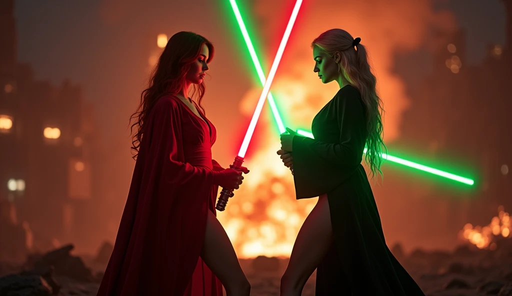 (full body shot:1) photorealistic image of two (standing pose:1) women, ultrarealistic, photography, one with long red hair, woman, 24 years old, hourglass figure, perfect body, seductive look, natural medium breasts, blur background, in complete darkness, she is wearing a sith robe, she is holding a red lightsaber, the lightsaber is the only lightsource, on a dark destroyed spacestation, explosion in the background, long sexy legs, lightsaber battle against a blonde, 30 years old, curvy figure, she is wearing a jedi robe, she is holding one green lightsaber, side view, crossing lightsabersin a battle, clashing lightsabers, sparks are flying, dynamic shot, action shot