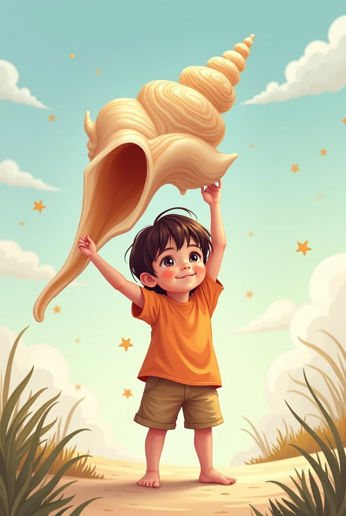 A kid holding up a conch shell with wishes. Vector drawing