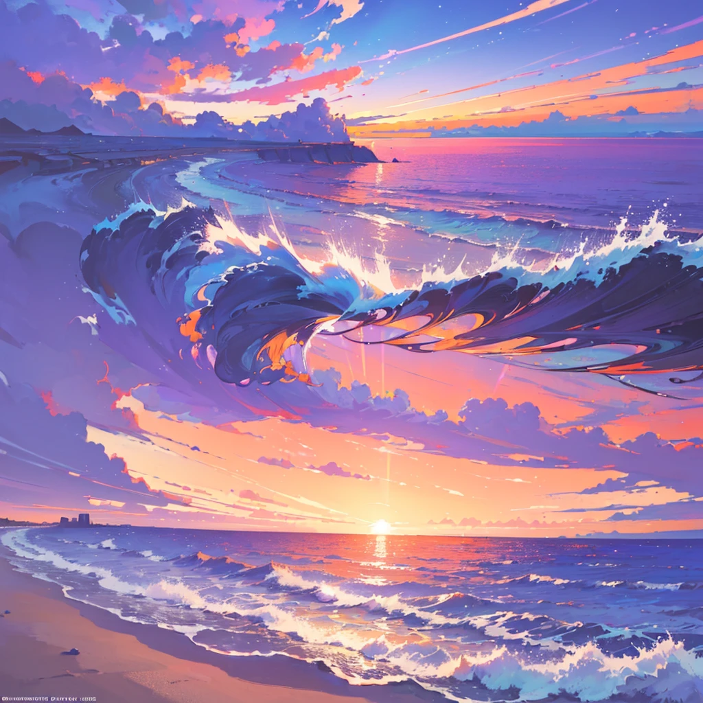 (masterpiece, best quality:1.4), cinematic light, colorful, high contrast, neon, sky, sunlight, space, beach, wave, no people, expansive landscape photography, (a view from below that shows the sky above and the sea below use a lot of purple and orange, details, warm colors and vibrant Japanese anime style  