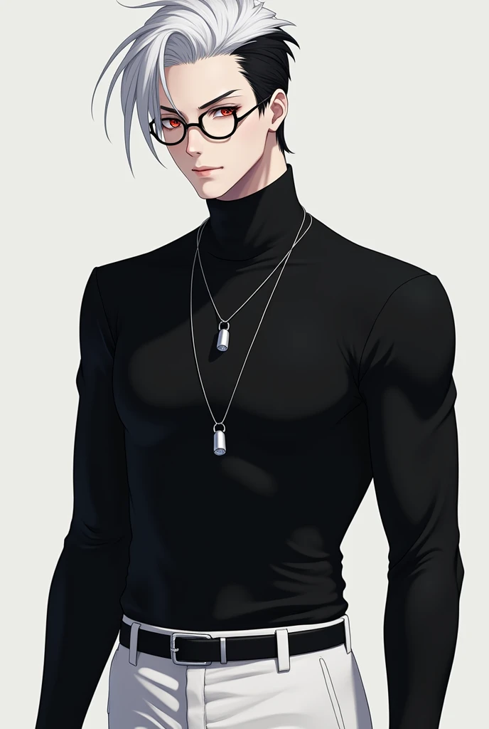 Man、White hair, parted in the center、Two-block cut with black hair at the nape、Black turtleneck、A silver whistle around his neck、White trousers、Black belt、Wearing glasses、Red eyes、Age 25