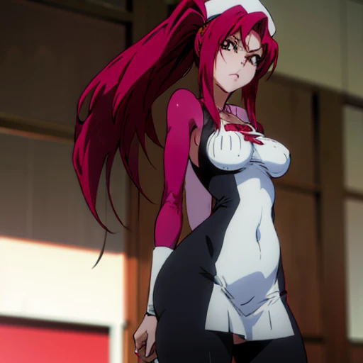 anime girl with red hair and white hat standing in the room, Rule 34, Ikki Tousen, meat anime style, tits, humanoid pink female squid girl, only, Ahegao, Udonai-Inaba travel, meat, best rating on pixiv, Yuri Misaki, revy black lagoon, ponytail, big black guy fucks girl , Black, Correct anatomy, Double check your anatomy, girl in a dress