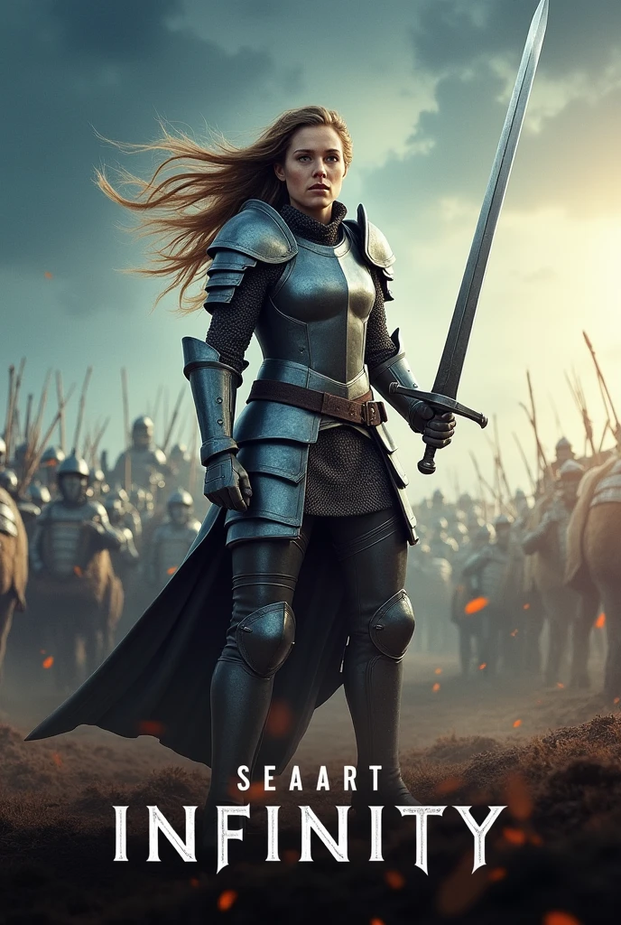 A movie poster depicting a female knight wielding a sword on a battlefield with the words "SeaArt INFINITY" written in large letters in the center,