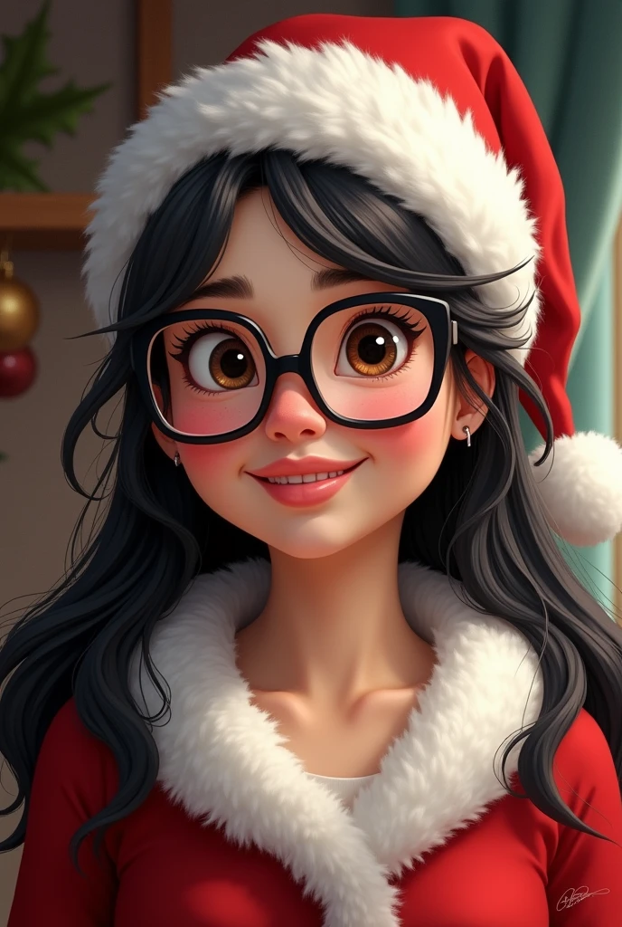 Create a detailed portrait of Mrs. Claus. She should have a warm and friendly expression, with friendly brown eyes and a gentle smile. Her face is round, with rosy cheeks,wears black glasses that show the warmth and joy of the Christmas season. She has black long hair , which may be peeking out from under a traditional red Santa hat with white fur. Your eyes should reflect wisdom and kindness, perhaps with a sparkle of festive spirit. Add subtle holiday elements like holly or snowflakes as part of their clothing or background