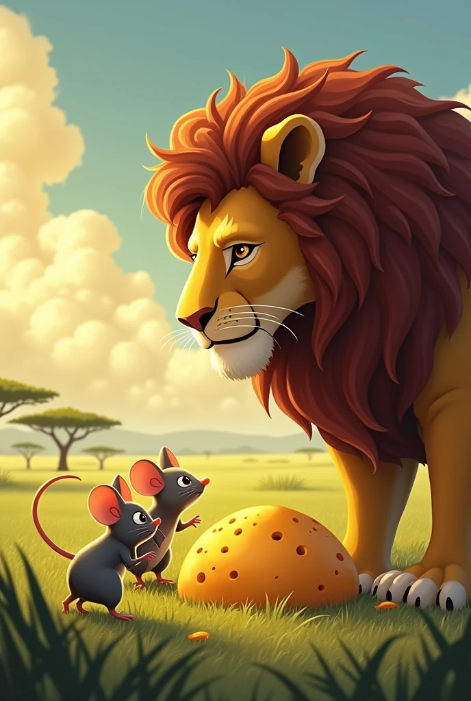Deux souris discute aver le roi lion avec un gros monceau de fromage en leur possession