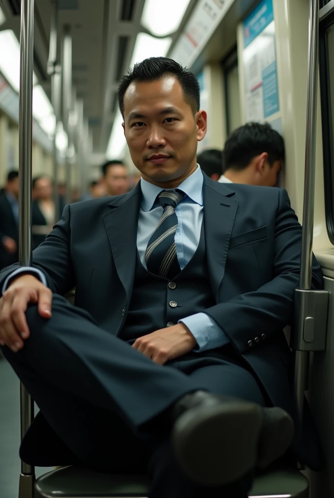  Chinese man handsome in the subway， Ultra-flat head，Wearing a suit，huge bulge,  leg apart，musculous，Handsome， pervert smirk， Exposing thighs，  In crowded subway cars， 16k resolution , ultra-high clarity , hyperrealism , ultra hd picture , uhd , details face , details , handsome man , high quality  , Sit next to you、Lean on the man next to you , nsfw , sexy , eroticism , sitting side b side