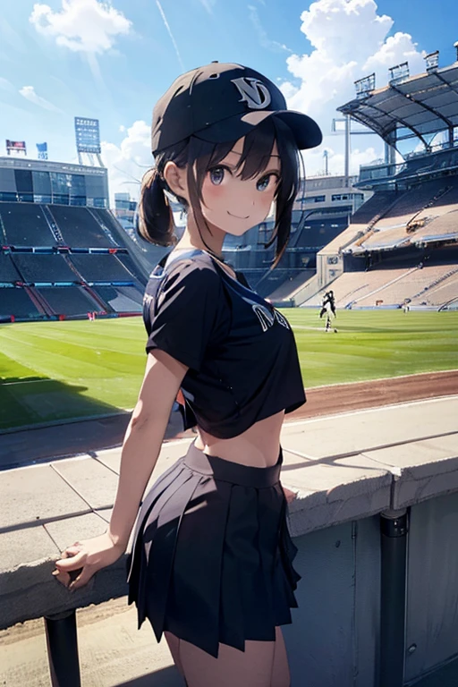 （Cheerleader:1.3）、(Stadium:1.5)、(Small breasts:1.4)、RAW Photos, Highest quality, High resolution, (masterpiece), (Photorealistic:1.4), Anime Cosplay, Sharp focus, Hmph, 8k resolution, Intricate details, Depth of written boundary, Highly detailed CG Unity 8k wallpaper, Front light, With a girl, smile、(Slender:1.5)、Wear a baseball cap、See through、手にポンポンを持ったCheerleader、（Rotate your hips:1.2）、squat、I can see your pants、Side view、Wear a miniskirt