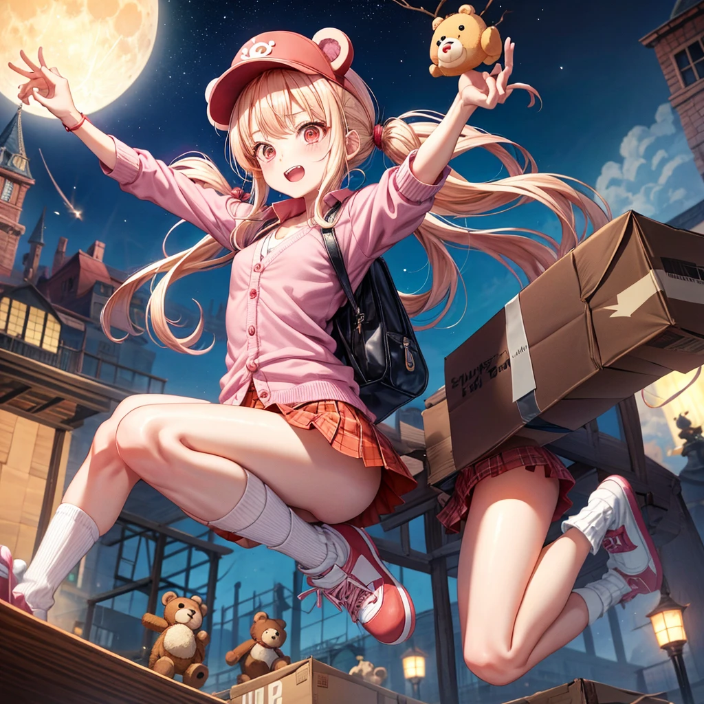 Pink Blonde、Red eyes、Hair tied up、One cute girl、solo、Checked mini skirt、black t-shirts、one piece、cardigan、Knee-high socks、bear ears baseball cap、Burning Full Moon、The tree is dead、Electric spectaculars、Cardboard boxes are piled up、Teeth are visible、Monster Castle、Tilting face、Starry Sky、A teddy bear is jumping