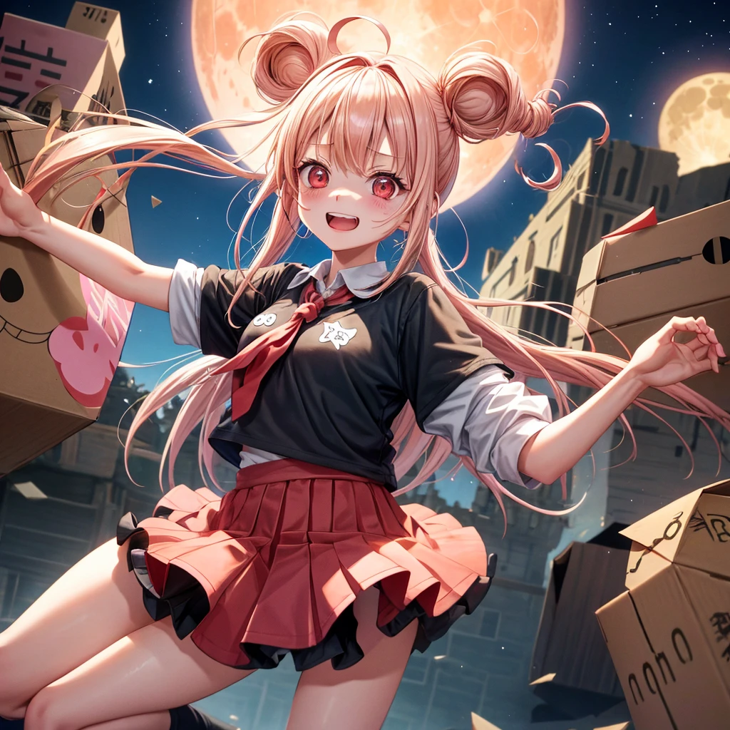 Pink Blonde、Red eyes、Hair tied up、One cute girl、solo、Checked mini skirt、black t-shirts、one piece、cardigan、Knee-high socks、bear ears baseball cap、Burning Full Moon、The tree is dead、Electric spectaculars、Cardboard boxes are piled up、Teeth are visible、Monster Castle、Tilting face、Starry Sky、A teddy bear is jumping