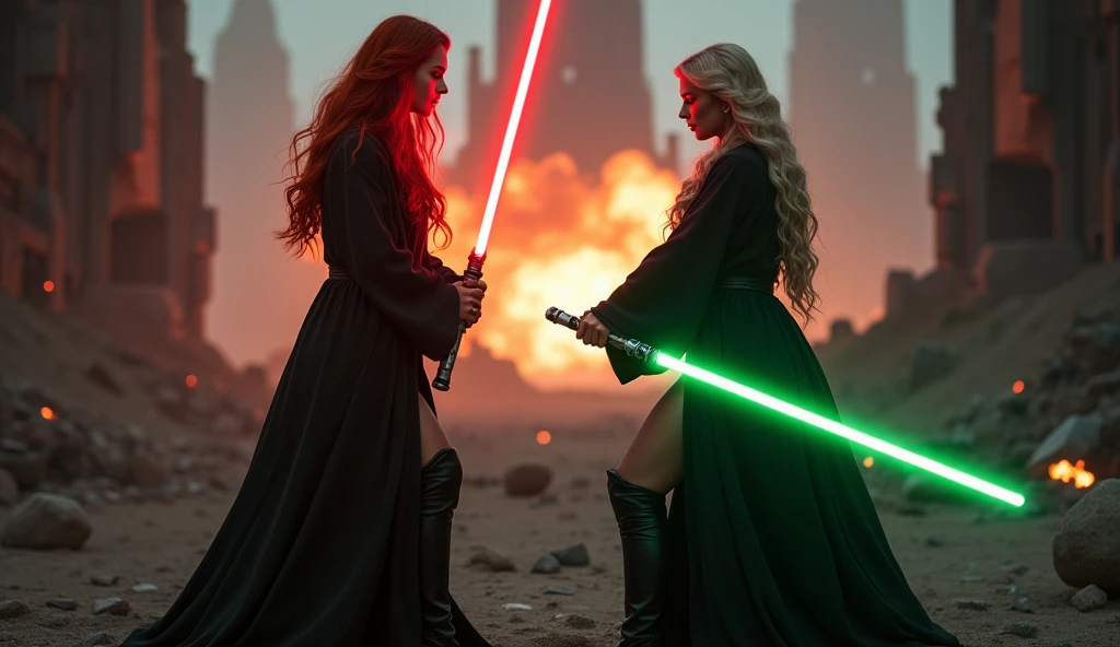 (full body shot:1) photorealistic image of two (standing pose:1) women, ultrarealistic, photography, one with long red hair, woman, 24 years old, hourglass figure, perfect body, seductive look, natural medium breasts, blur background, in complete darkness, she is wearing a sith robe, she is holding a red lightsaber, the lightsaber is the only lightsource, on a dark destroyed spacestation, explosion in the background, long sexy legs, lightsaber battle against a blonde, 30 years old, curvy figure, she is wearing a jedi robe, she is holding one green lightsaber, side view, crossing lightsabers in a powerful battle, clashing lightsabers, sparks are flying, dynamic shot, action shot