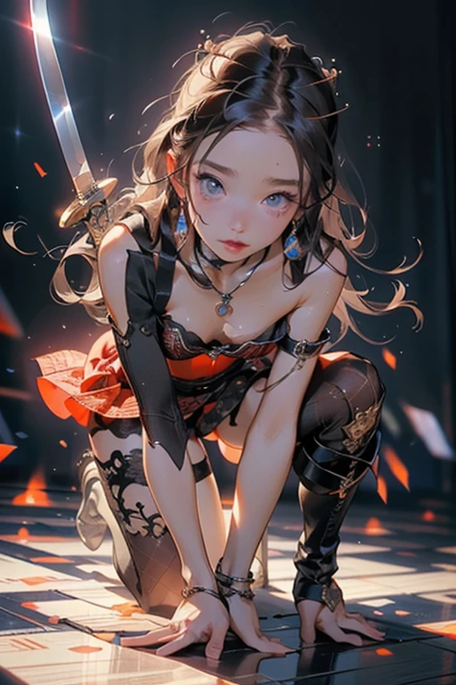 (((masterpiece, Highest quality, Very detailed))), (Female knight of the occult cult), ((((The blade has a digital glitch effect、A sword that seems to rapidly flicker out of reality, Similar to the gravitational lensing effect、There is a slight distortion effect around。, Floating next to her)))), Edward/Victorian inspiration, ((Simple yet beautiful armor)), Fluttery lace flared dress with frilly petticoat, ((((Very detailed顔))), (((Very sharp focused eyes))), Very long eyelashes, Small breasts, (((Flat Chest:1.1))), Occult Aesthetics, (The red and white outfit is detailed and intricate steampunk and gothic), Intricate lace boots，topless，String panties，A Sword with a Self，A beautiful sword adorned with flames，On all fours、Lift one leg、Looking up from below、Sweat、Peeing、mesh bra