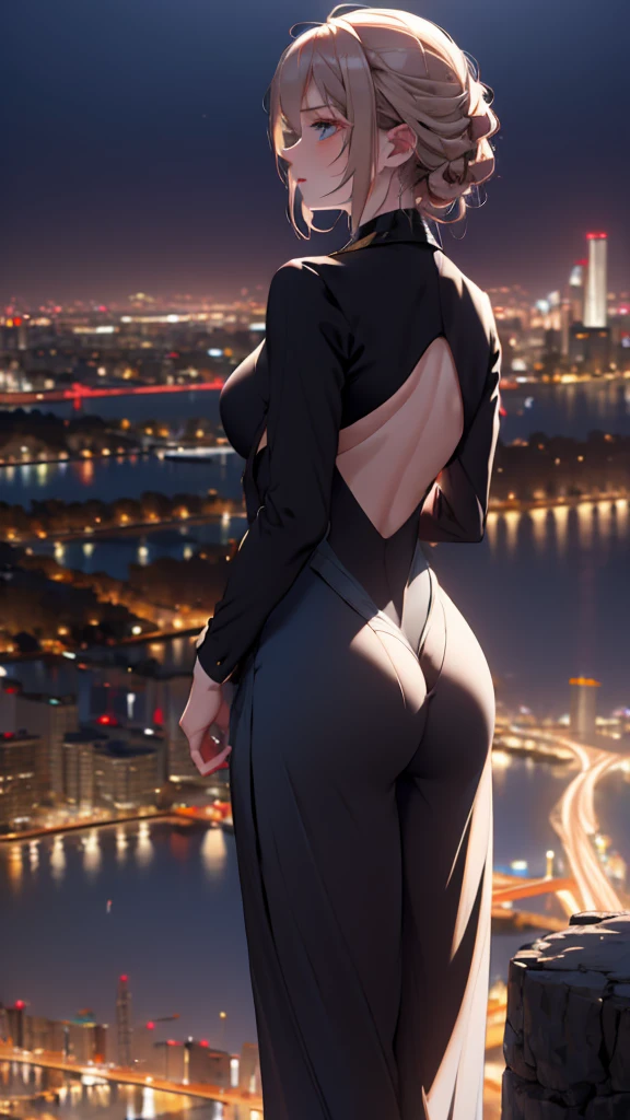 1 girl, medium light gold hair, light blue eyes, wearing Black suit, night city, absurdres, high res, ultrasharp, 8K, masterpiece, looking from behind