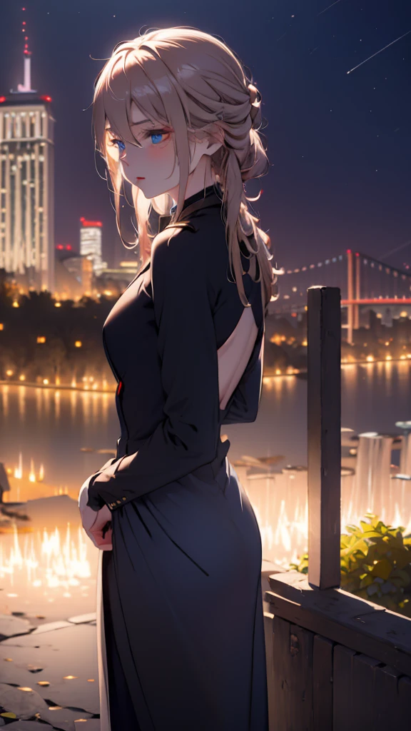 1 girl, medium light gold hair, light blue eyes, wearing Black suit, night city, absurdres, high res, ultrasharp, 8K, masterpiece, looking from behind