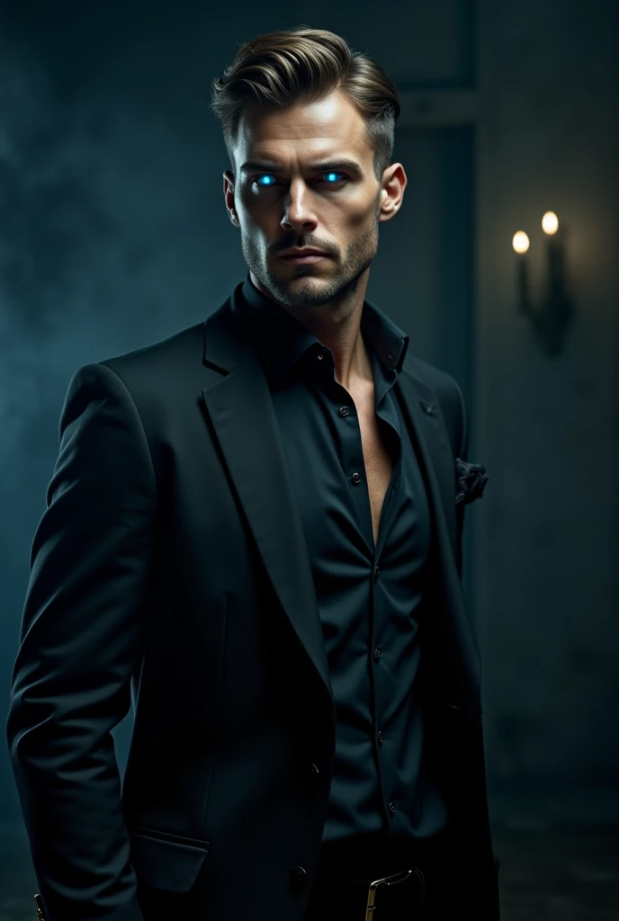 A ( handsome man , black suit , Magical glowing blue eyes
