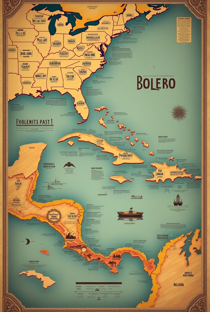 Image of a map of the expansion of the bolero musical genre with musical notes and Cuba on one side