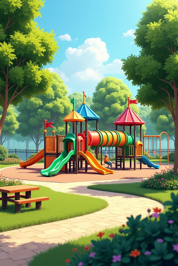 Take a rendering of a children's play area in a real park