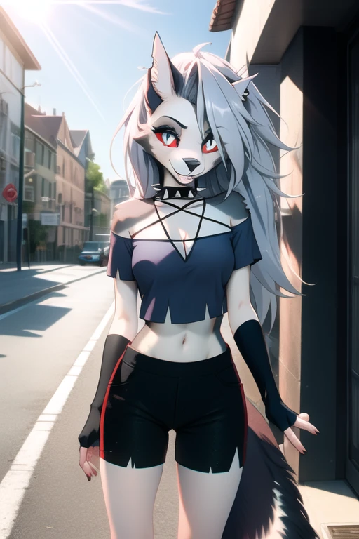 masterpiece, best quality, loona hellhound, loonacroptop, loonashorts, detailed face, detailed eyes, (slit pupils, white eyes), red sclera, happy, [smile, [spiked collar]], pentagram, fingerless gloves, shorts, digitigrade, standing, street, red sunny rays 
