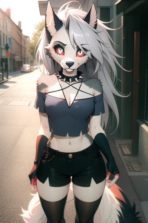 masterpiece, best quality, loona hellhound, loonacroptop, loonashorts, detailed face, detailed eyes, (slit pupils, white eyes), red sclera, happy, [smile, [spiked collar]], pentagram, fingerless gloves, shorts, digitigrade, standing, street, red sunny rays 