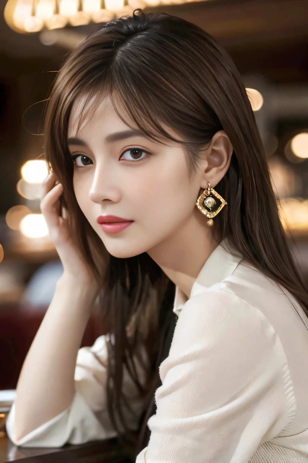 masterpiece, Highest quality, Realistic, Very detailed, Finer details, High resolution, 8k wallpaper, One beautiful woman, Wear casual business attire, In a great restaurant, At night, Light brown messy hair, Perfect dynamic composition, Beautiful and beautiful eyes、Big earrings