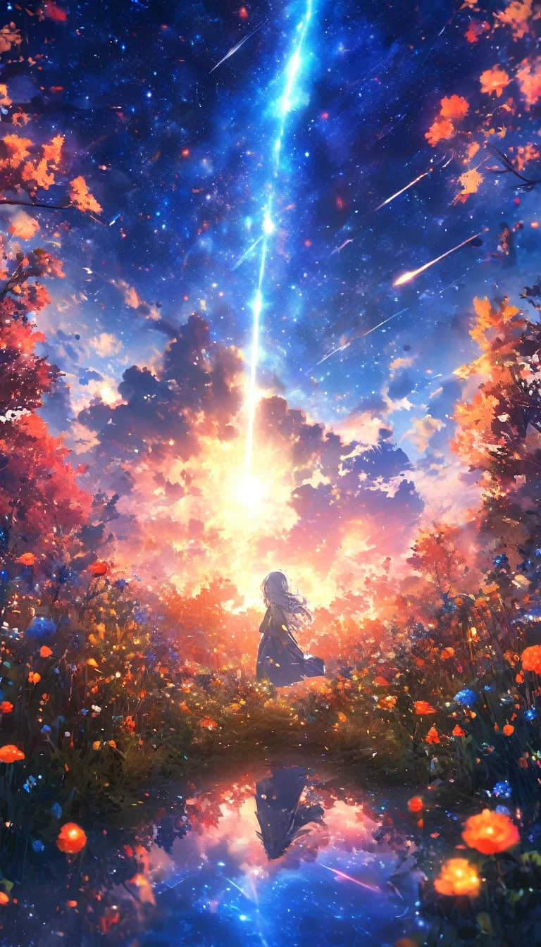 masterpiece, Concept Art, Panorama, in the center, shape, Wide Shot, garden, night, (meteor), Space galaxy background, (Great composition, Epic Scale), Dynamic Lighting, Bright colors, Blue rose,Landscape Long Eyelashes, Round eyes, Silver Hair, Half-closed eyes, sad, Cast a Shadow, Anaglyph, Stereogram, tachi-e, Atmospheric perspective, Wide Shot, reflected light, 8k, Super Detail, Highest quality, Anatomically correct